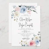 Light Blue Blush Tropical QR in één bruiloft Kaart (Voorkant / Achterkant)