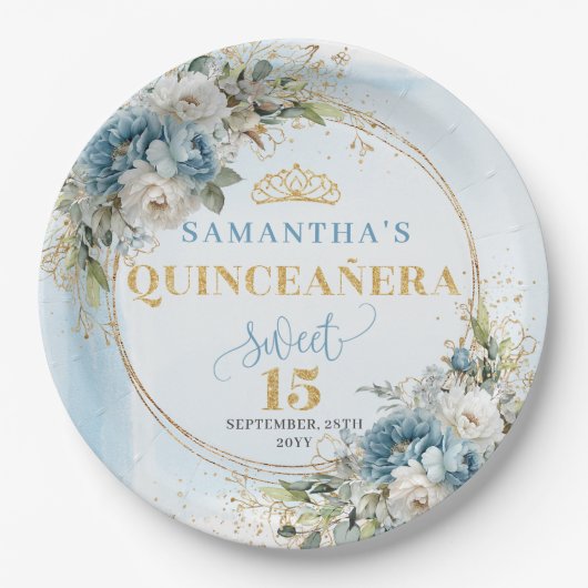 Light Blue Boho Floral Eucalyptus Gold Glitter  Papieren Bordje (Voorkant)