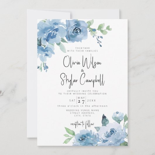 Light Blue Boho Floral QR Code All in One Wedding Kaart (Voorkant)