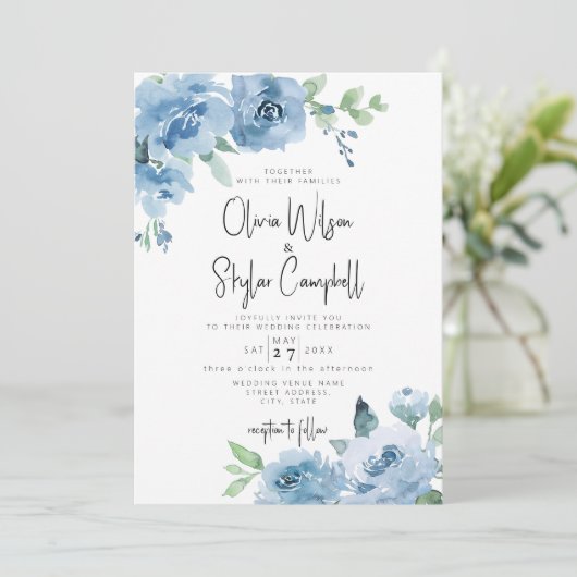 Light Blue Boho Floral QR Code All in One Wedding Kaart (Staand voorkant)