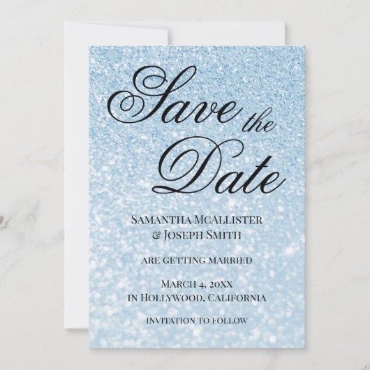 Light Blue Bokeh Glitter Save the Date Kaart (Voorkant)