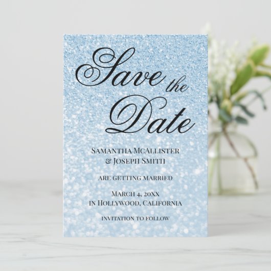 Light Blue Bokeh Glitter Save the Date Kaart (Staand voorkant)