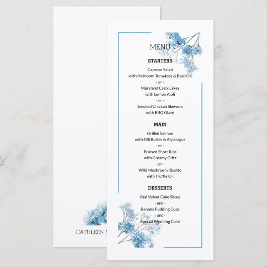 Light Blue Botanical Floral Pattern Wedding Menu (Voorkant / Achterkant)
