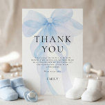 Light Blue Bow Baby Shower Thank You Kaart<br><div class="desc">Light Blue Bow Text Overlay Baby Shower Thank You. Available digitally and printed. Easily personalise the text to your details. A coquette blue bow is tinted in the background with the words overlaid on top.</div>