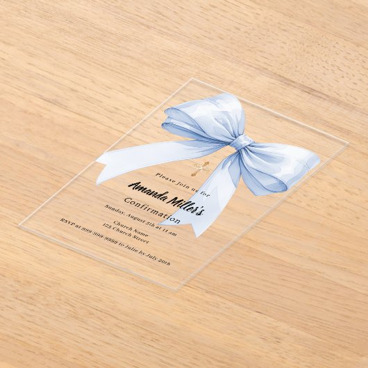 Light blue bow girl clear luxury Confirmation Acryl Uitnodigingen (Laagn)