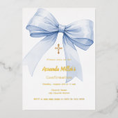 Light blue bow girl Confirmation gold foil Folie Uitnodiging (Voorkant)