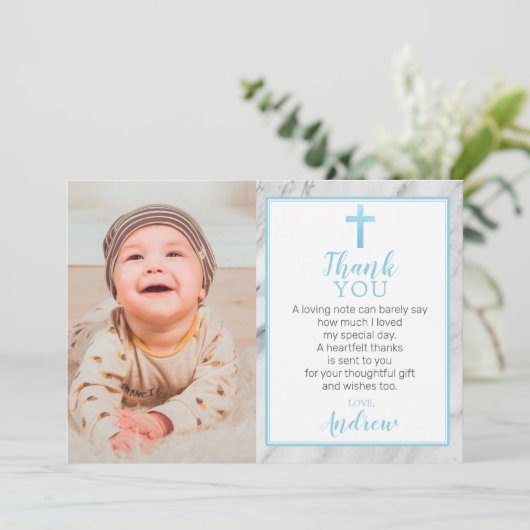 Light Blue Boy Marble Baptism Foto Hartelijk dank Kaart (Staand voorkant)