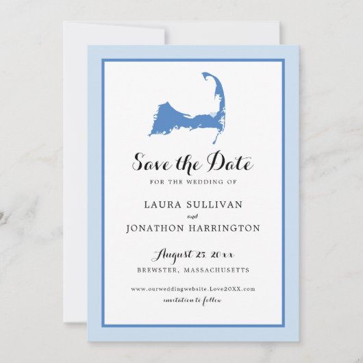 Light Blue Brewster Cape Cod Map Weddenschap Save The Date (Voorkant)