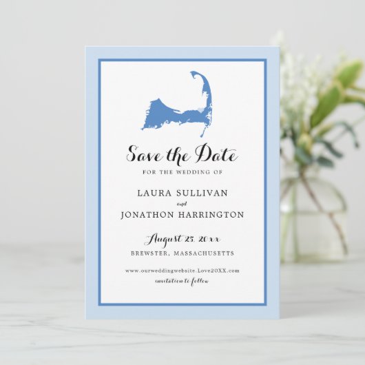 Light Blue Brewster Cape Cod Map Weddenschap Save The Date (Staand voorkant)