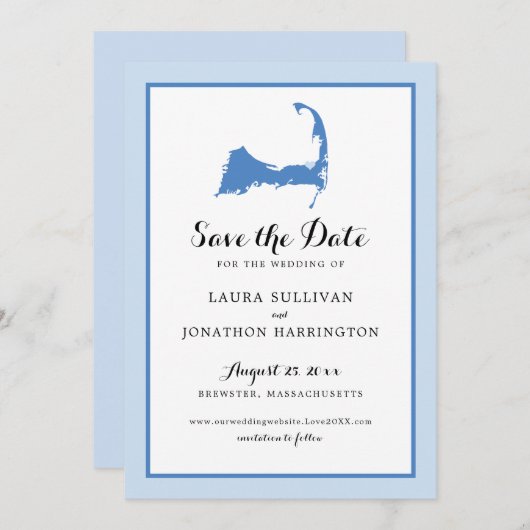 Light Blue Brewster Cape Cod Map Weddenschap Save The Date (Voorkant / Achterkant)
