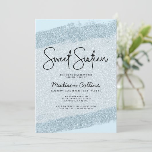 Light Blue Brush Glitter Sweet 16 Kaart (Staand voorkant)
