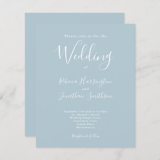 Light Blue Budget Moderne Script Wedding Invitatio (Voorkant / Achterkant)