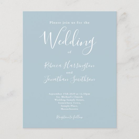 Light Blue Budget Moderne Script Wedding Invitatio (Voorkant)
