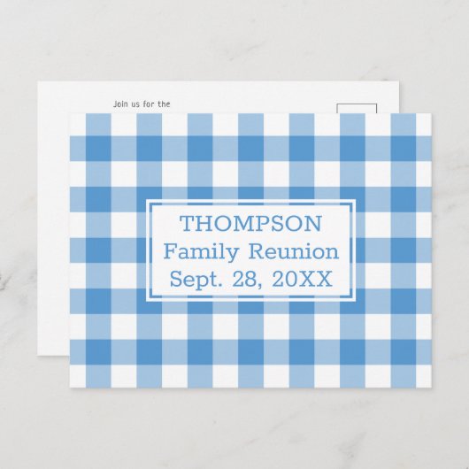 Light Blue Buffalo Check Name Family Reunion Party Uitnodiging Briefkaart (Voorkant / Achterkant)