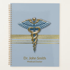 Light Blue Caduceus Faux Gold Foil Stripes Medical Planner