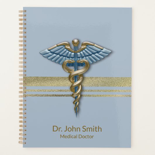 Light Blue Caduceus Faux Gold Foil Stripes Medical Planner (Voorkant)