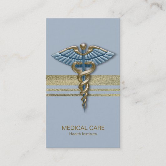 Light Blue Caduceus Faux Gold Foil Stripes Medical Visitekaartje (Voorkant)
