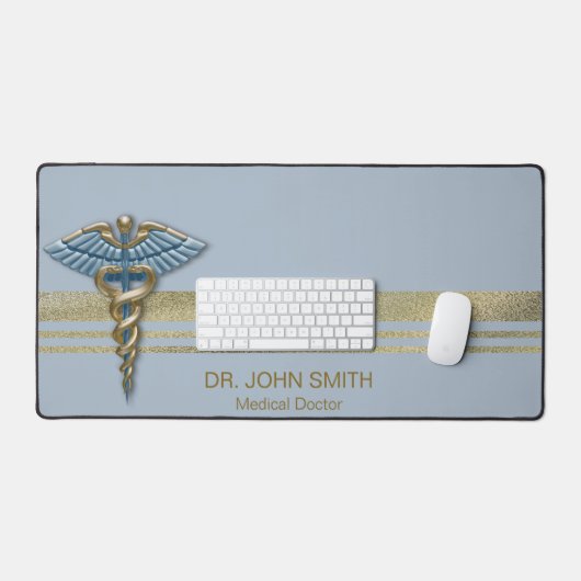 Light Blue Caduceus Medical Faux Gold Foil Stripes Bureaumat (Keyboard & Muis)
