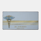 Light Blue Caduceus Medical Faux Gold Foil Stripes Bureaumat (Voorkant)