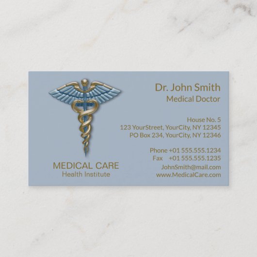 Light Blue Caduceus Medical Faux Gold Foil Stripes Visitekaartje (Voorkant)