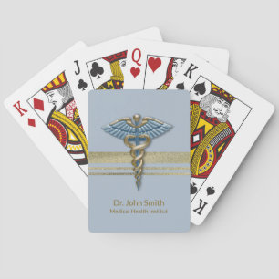 Light Blue Caduceus Medical Gold Foil Faux Stripes Pokerkaarten