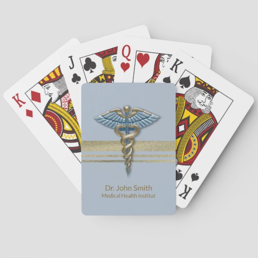 Light Blue Caduceus Medical Gold Foil Faux Stripes Pokerkaarten (Achterkant)