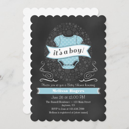 Light Blue Chalkboard Boy Baby shower nodigt uit Kaart (Voorkant / Achterkant)