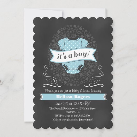 Light Blue Chalkboard Boy Baby shower nodigt uit Kaart (Voorkant)