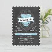 Light Blue Chalkboard Girl Baby shower Invite Kaart (Staand voorkant)