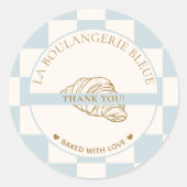 Light Blue Checkered Croissant Bakery Thank You Ronde Sticker (Voorkant)