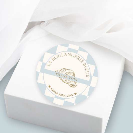 Light Blue Checkered Croissant Bakery Thank You Ronde Sticker