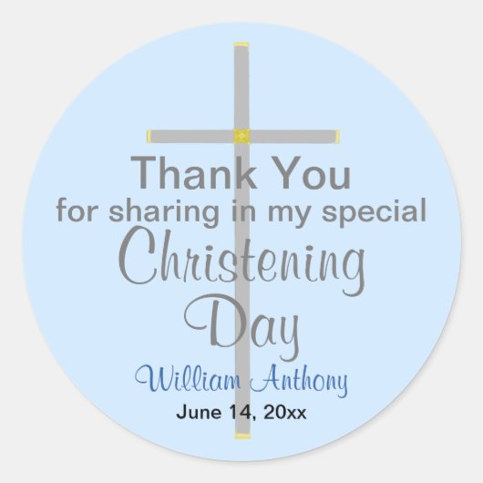 Light Blue Christening Son Hartelijk dank Ronde Sticker (Voorkant)