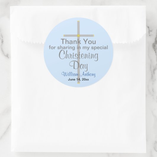 Light Blue Christening Son Hartelijk dank Ronde Sticker (Tas)