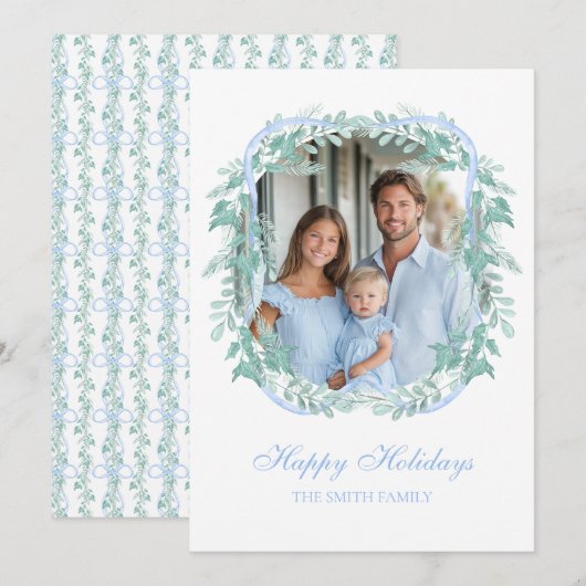 Light Blue Christmas Greenery Wreath Feestdagenkaart (Voorkant / Achterkant)