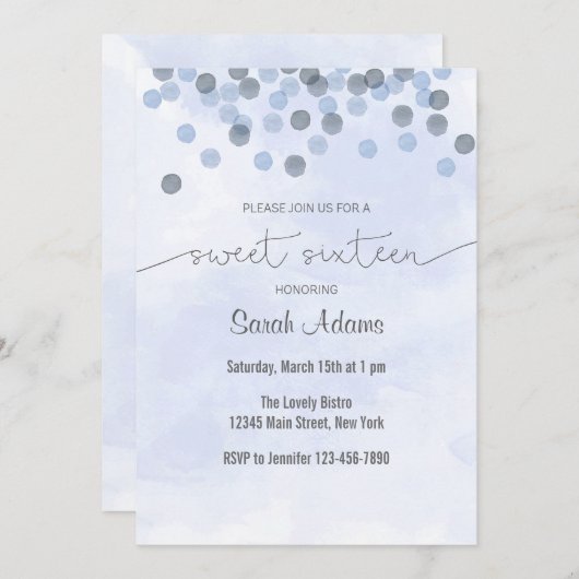 Light Blue Confetti Birthday Invitation Kaart (Voorkant / Achterkant)