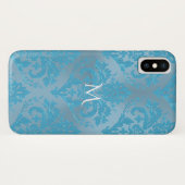 Light Blue Damask Monogram iPhone X Hoesje (Achterkant (horizontaal))