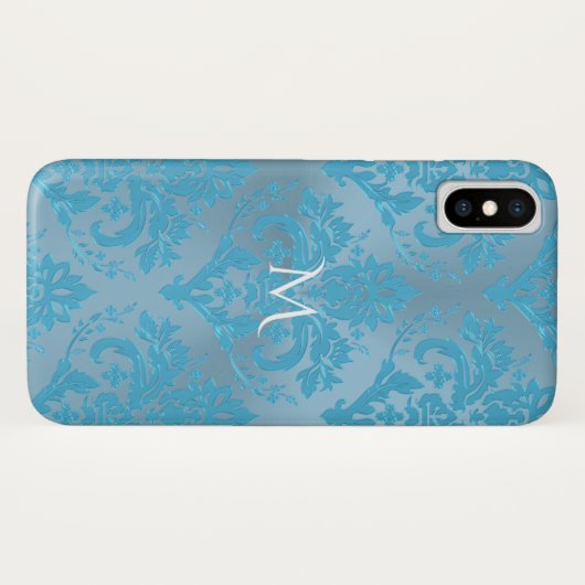 Light Blue Damask Monogram iPhone X Hoesje (Achterkant (horizontaal))