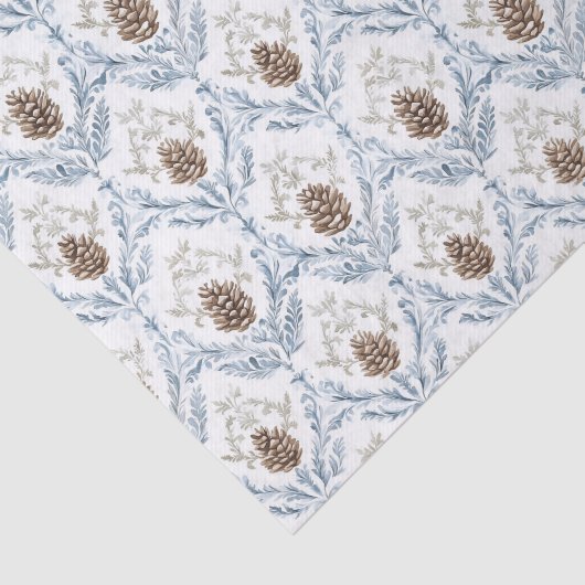 Light Blue Damask Pattern with Pine Cones Tissuepapier (Detail)