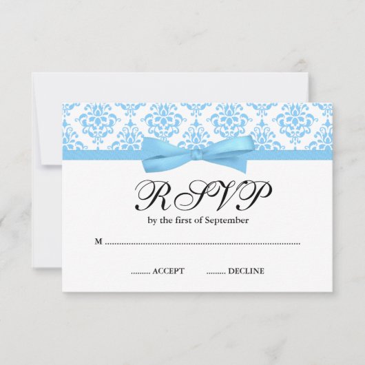 Light Blue Damask Ribbon Bow RSVP (Voorkant)
