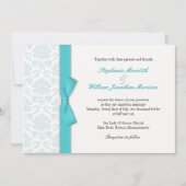 Light Blue Damask Turquoise Bow Wedding Invitation Kaart (Voorkant)