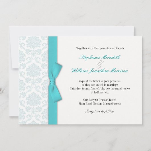 Light Blue Damask Turquoise Bow Wedding Invitation Kaart (Voorkant)