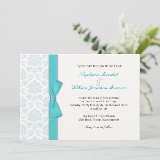 Light Blue Damask Turquoise Bow Wedding Invitation Kaart (Staand voorkant)