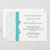 Light Blue Damask Turquoise Bow Wedding Invitation Kaart (Voorkant / Achterkant)