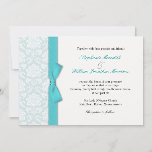 Light Blue Damask Turquoise Bow Wedding Invitation Kaart (Voorkant)