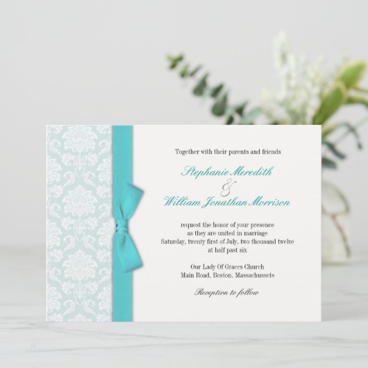 Light Blue Damask Turquoise Bow Wedding Invitation Kaart (Staand voorkant)