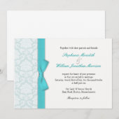 Light Blue Damask Turquoise Bow Wedding Invitation Kaart (Voorkant / Achterkant)