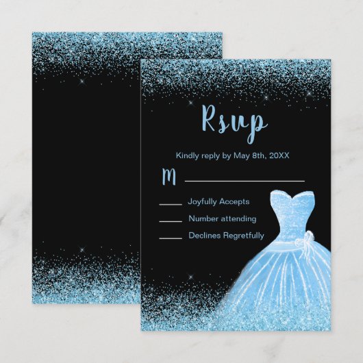 Light Blue Dress Faux Glitter Quinceanera RSVP Kaartje (Voorkant / Achterkant)
