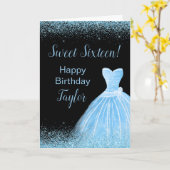 Light Blue Dress Faux Glitter Sweet 16 Birthday Kaart (Gele Bloem)