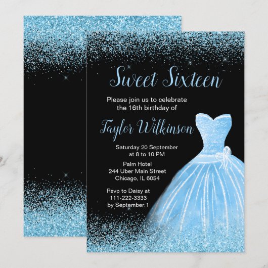Light Blue Dress Faux Glitter Sweet 16 Birthday Kaart (Voorkant / Achterkant)