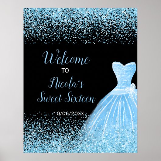 Light Blue Dress Faux Glitter Sweet 16 Welcome Poster (Voorkant)